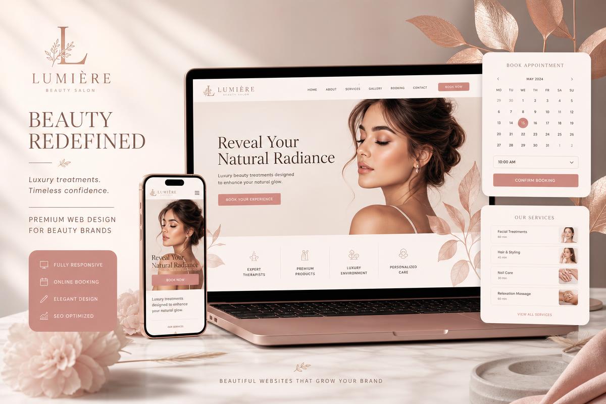 Beauty website design mockup showing salon booking on mobile and laptop